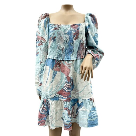 Wilfred Womens Tempest Smocked Floral Linen Mini Dress Floral Long Sleeve XL - Picture 1 of 11